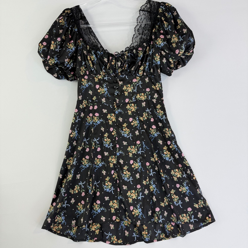 For Love & Lemons August Mini Dress Size M Black Floral Corset Lace Puff Sleeve